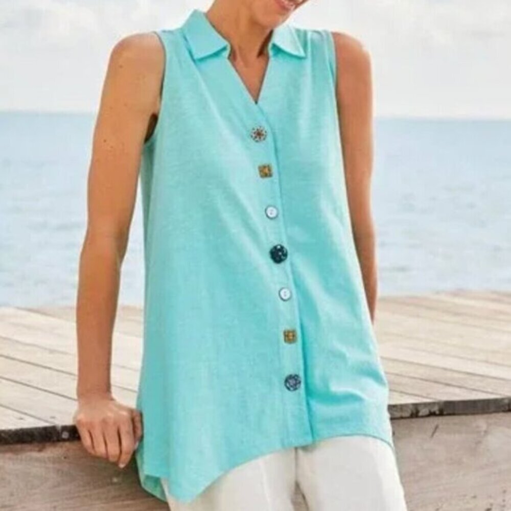 SOFT SURROUNDINGS Danielle Button Tank Aqua Blue Sleeveless 100% Cotton Top XS